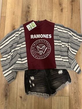 Shannon Passero Upcycled Ramones Graphic Tee with Striped Kimono Sleeves